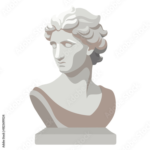 a classical marble bust depicting a figure with wavy hair and draped clothing, rendered in shades of white, gray, and beige.