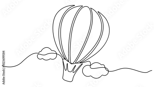 Hot air balloon  in continuous one line drawing. Single line draw illustration of hot air balloon. Vector continuous outline isolated sketch of travel icon. Editable Stroke
