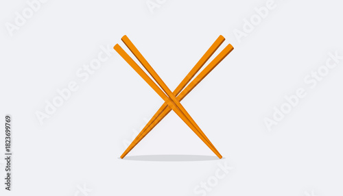 Two orange wooden chopsticks crossed in an X shape on a light grey background, commonly used for eating Asian cuisine.