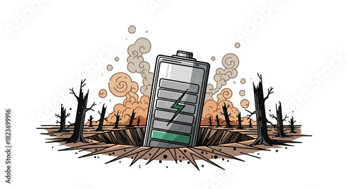 Illustration of a low-charge battery emerging from cracked earth surrounded by barren trees and smoke symbolizing environmental impact.
