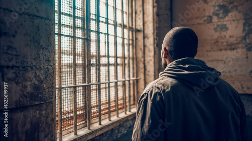 Man looking out barred window from inside prison