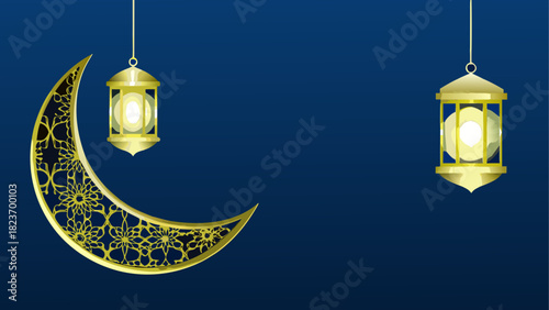Golden moon and lanterns on a blue background
