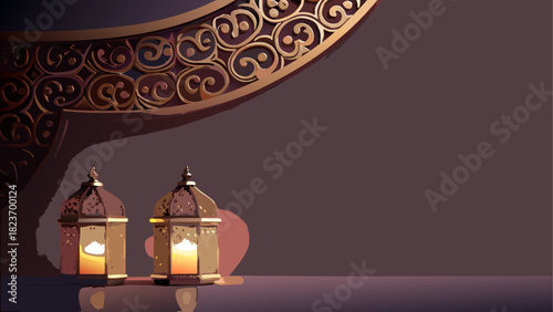 Ornate lanterns and crescent moon decoration art