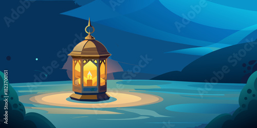 Lantern illuminating night landscape with candle