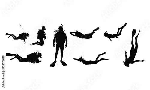 Scuba divers and snorkelers silhouettes for water sports design