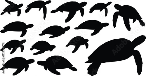 Sea turtle silhouettes, marine animal icons, swimming turtle vector, ocean wildlife clipart, black graphic elements, aquatic nature design, underwater illustration