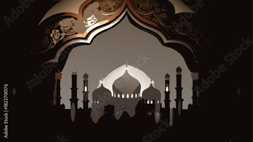 Silhouette of a mosque with intricate arch design