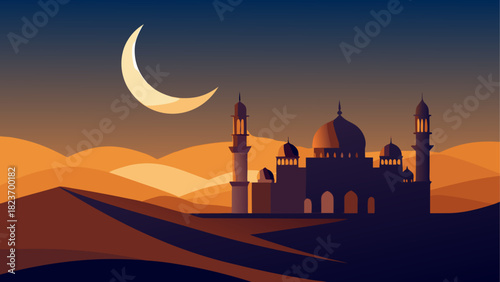 Silhouette of a mosque with a crescent moon above