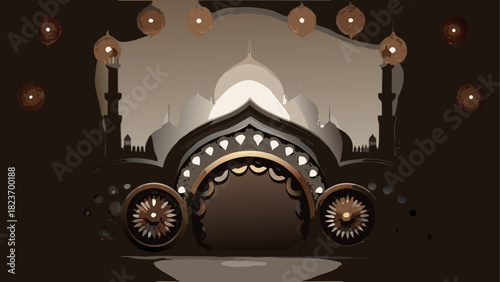 Ornate archway with mosque silhouette background