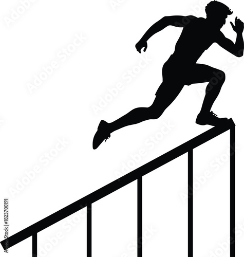 Black silhouette of a male athlete jumping over hurdles on a white background running