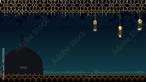 Silhouette mosque with hanging lanterns and pattern