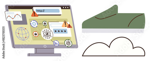 Computer screen with security alerts, global connectivity, login forms, cloud storage, and green shoe. Ideal for cybersecurity, technology, online shopping, safety cloud computing digital warnings