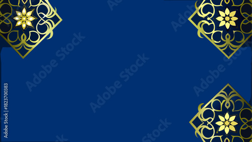 Ornate gold floral designs on a blue background