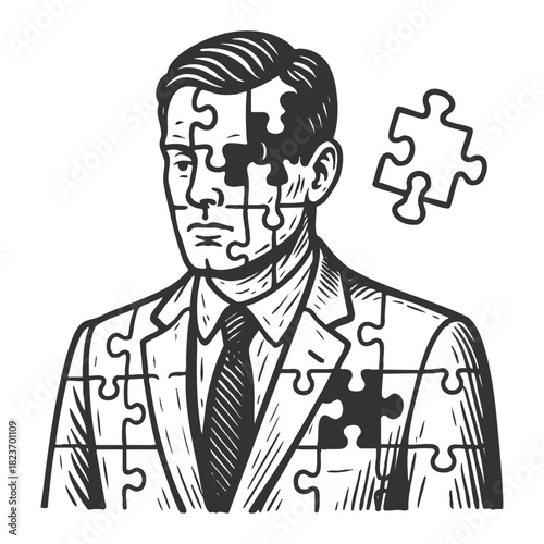man in a suit with missing puzzle pieces, symbolizing identity, incompleteness, or mental struggle sketch engraving generative ai vector illustration. Scratch board. Black and white.