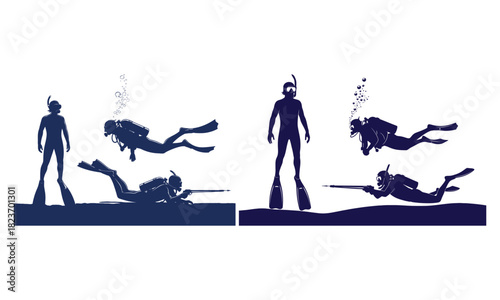 Underwater diving and spearfishing vector silhouettes set sport