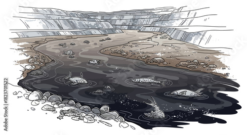 Hand-drawn illustration of a heavily polluted river with dead fish dark murky water and barren industrial landscape.