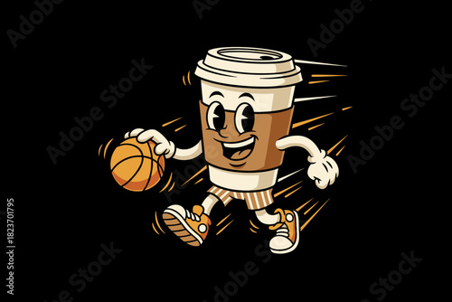 Cartoon Coffee Cup Playing Basketball with Enthusiasm.