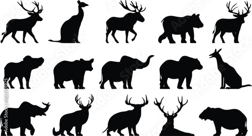 Collection of black animal silhouettes including deer elephants bears and a llama on white background