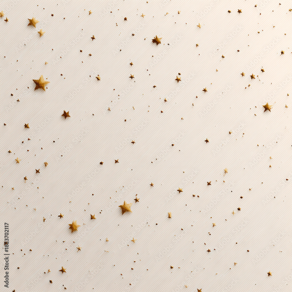 Obraz premium Golden star confetti scattered on minimal beige background creates festive and elegant atmosphere for celebration or decoration