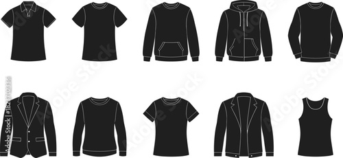 Collection of black silhouette clothing items including t-shirts polo shirt sweatshirt hoodie jacket and tank top