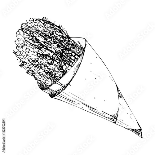 Craft paper cone of lavender lavandula flowers bundle bouquet hand drawn in vector ink. French Provence rustic style. Single object isolated illustration. Romance themes, boutique logo, artisan crafts