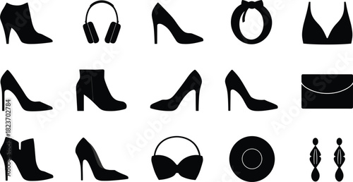 Collection of black silhouette fashion accessories and footwear icons shoe