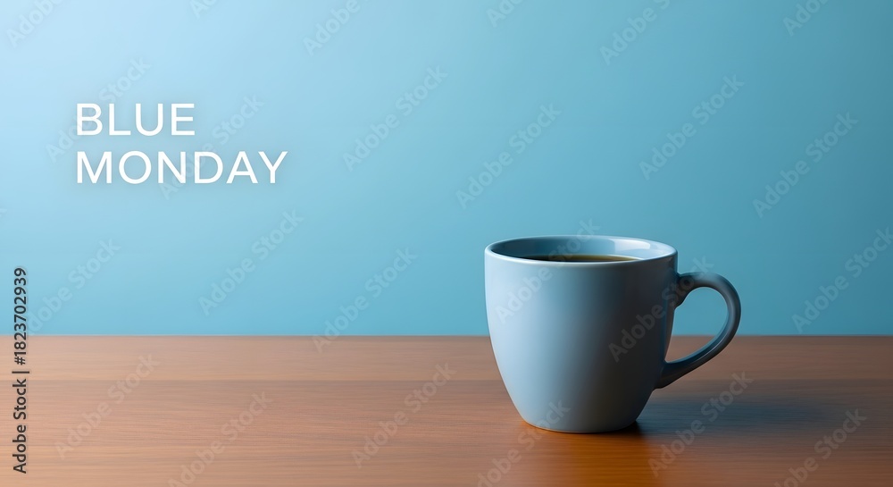 Obraz premium Blue coffee mug with text Blue Monday on light blue background blue mug coffee cup