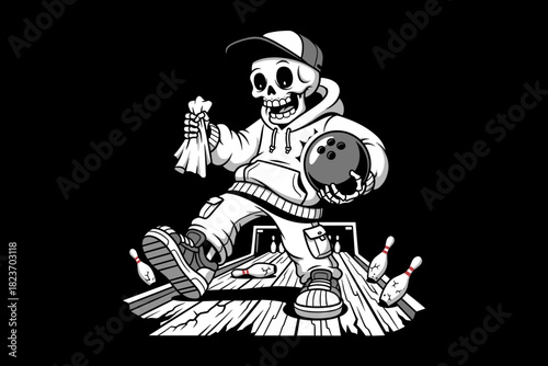 Skeleton Bowling Player Holding Ball and Pins Ready to Strike.
