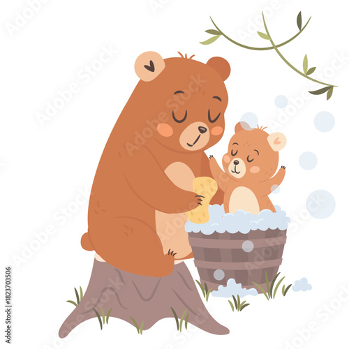 Cute cartoon mama bear bath time with kid illustration for Mothers day