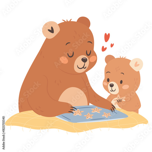 Cute cartoon mama bear making cookies with kid illustration for Mothers day