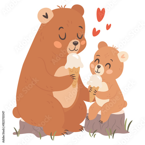 Cute cartoon mama bear eating ice cream with kid illustration for Mothers day