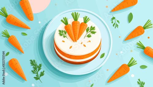 A beautifully illustrated carrot cake with cream cheese frosting, decorated with carrots and parsley, surrounded by fresh carrots on a light blue background.