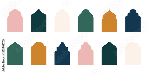 Oriental Arab Arch Islam Door Shapes Set In classic colors Windows Frames tags Elements Minimal Boho Style for Labels, Logo, Banner Templates Domes of mosque of Ramadan Kareem, Eid Mubarak. Copy space