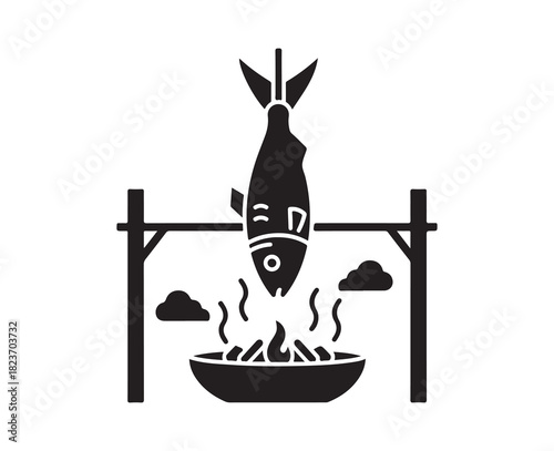 Fish smoking black icon. Seafood smoking for commercial use. Hot and cold smoked fish. Preserving food. Curing herring. Gourmet product. Silhouette symbol on a white background. Vector illustration