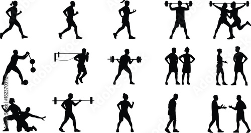 Collection of black silhouettes of people engaged in various sports and fitness activities