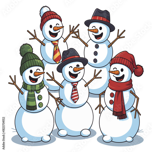 Happy cartoon snowmen family on white background for Christmas winter holiday celebration illustration