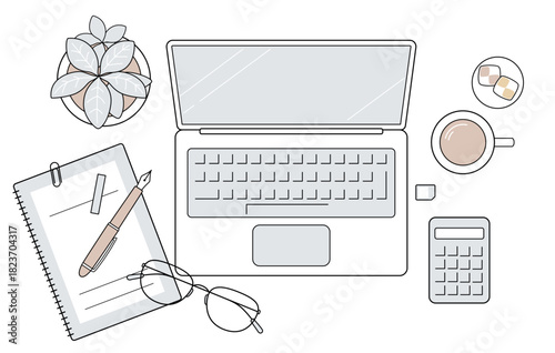 ノートPCとコーヒーのデスクレイアウト｜在宅ワーク・ビジネス・休憩時間