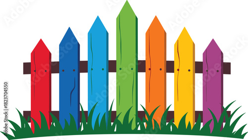 Colorful wooden picket fence with green grass on white background wooden fence rainbow