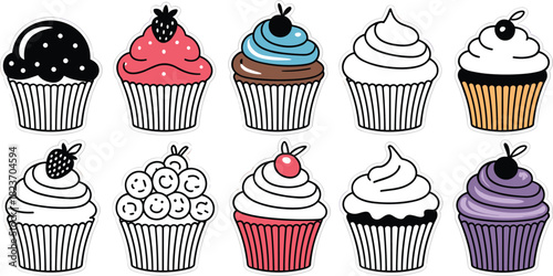 Collection of ten colorful and black and white cartoon cupcakes with various toppings and frosting