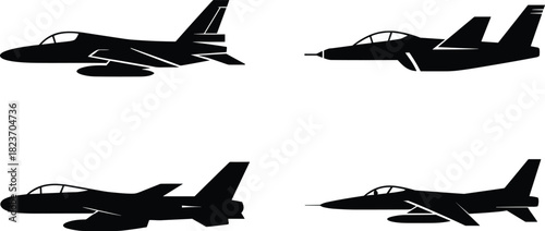 Four black silhouette fighter jets side profile view on white background airplane