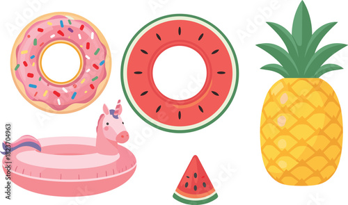 Pink unicorn donut watermelon slice pineapple and watermelon ring float on white background