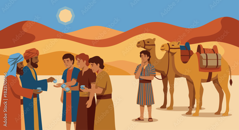 Fototapeta premium Simplified Desert Setting Bible story Joseph standing beside traders’ camels while his brothers exchange silver, flat vector forms with simple shading,
