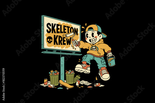 Graffiti artist character spray painting a billboard with skelet
