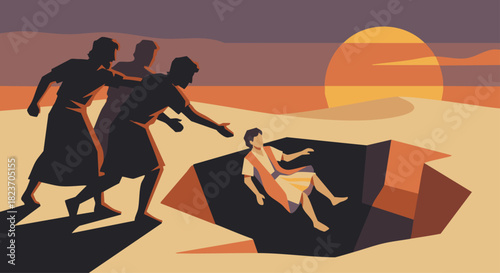 Dramatic Silhouette Flat Style
Bible story
Joseph’s brothers shown as dark flat silhouettes throwing him into a pit, Joseph depicted in lighter tones for contrast,