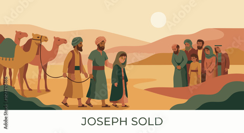 Modern Narrative Flat Vector
Bible story
Layered flat vector shapes showing Joseph being led away by traders while his brothers look on, 