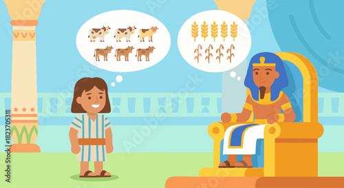Joseph Interpreting Pharaoh’s Dreams
Bible story
Joseph standing before a friendly Pharaoh on a simple flat vector throne, dream symbols of cows and grain shown in soft bubble icons,