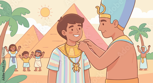Joseph Becoming a Leader in Egypt
Bible story
Joseph smiling proudly in simple flat Egyptian clothing, Pharaoh placing a flat vector signet ring or necklace on him, 