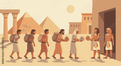 The Brothers’ Second Return to Egypt
Bible story
Joseph’s brothers entering Egypt with grain sacks and gifts, clean flat vector figures,
