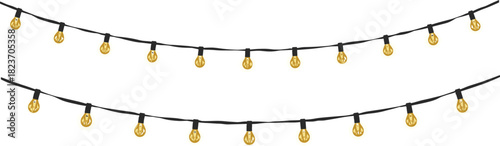 Two strings of yellow Edison bulb lights with black cords on white background string lights
