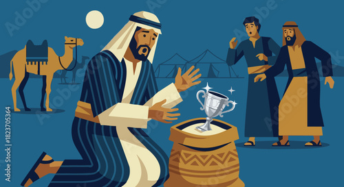 Joseph’s Silver Cup Discovered
Bible story
A tense but elegant scene: a brother opening his grain sack to reveal Joseph’s silver cup,